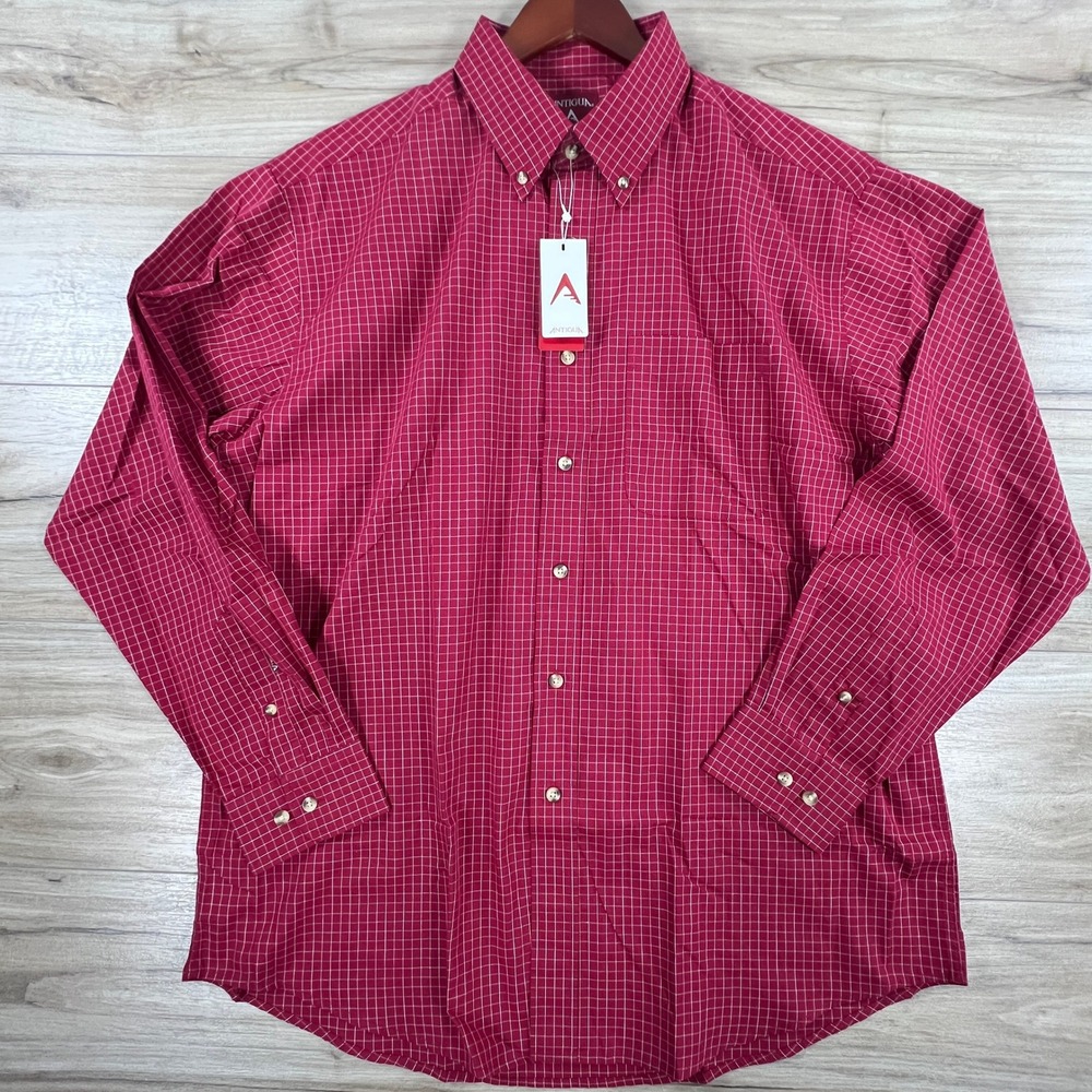 Antigua Esteem Mens Red White Grid Check Button Down Shirt Large NWT